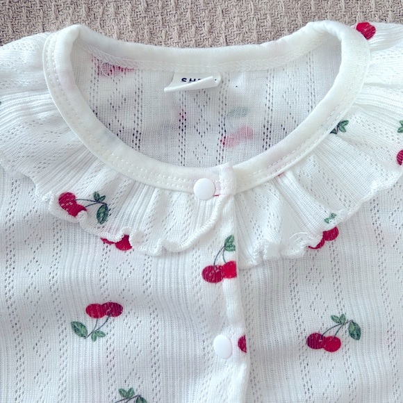 Baby Cherry Print Ruffle Trim Footed Sleep Jumpsuit - Picture 3 of 8